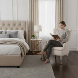 a woman sitting on her wingback bedroom chair while reading